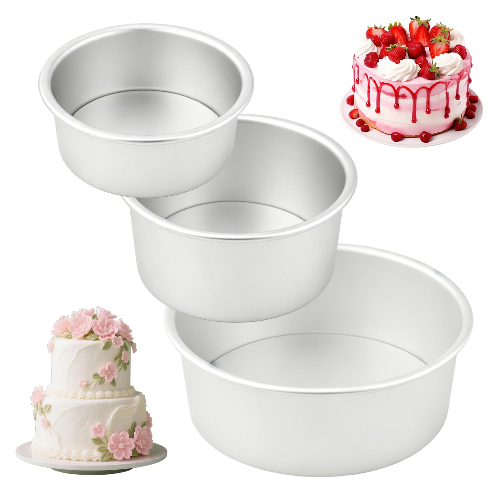 Lot De 3 Moules À Gâteau Ronds 4"/6"/8" Moule À Gâteau Rond En Aluminium, Moule A Cake Moule Gateau Rond Moule Layer Cake Avec Fond Amovible, Pour Anniversaires, Mariages Et Pâtisserie, Argenté