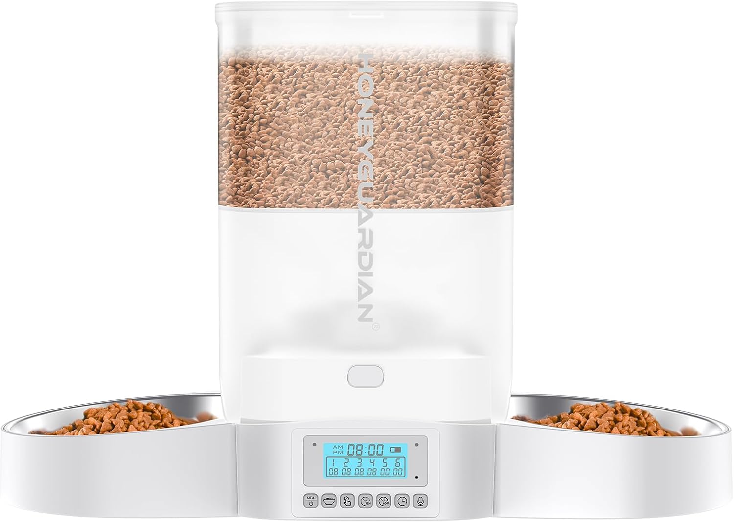 HoneyGuaridan Automatic Cat Feeder for Two Cats,3.5L Cat Food Dispenser with Stainless Steel Bowl,Timed Cat Feeder Programmable 1-6 Meals Control, Dual Power Supply,Desiccant Bag,10s Meal Call Whit