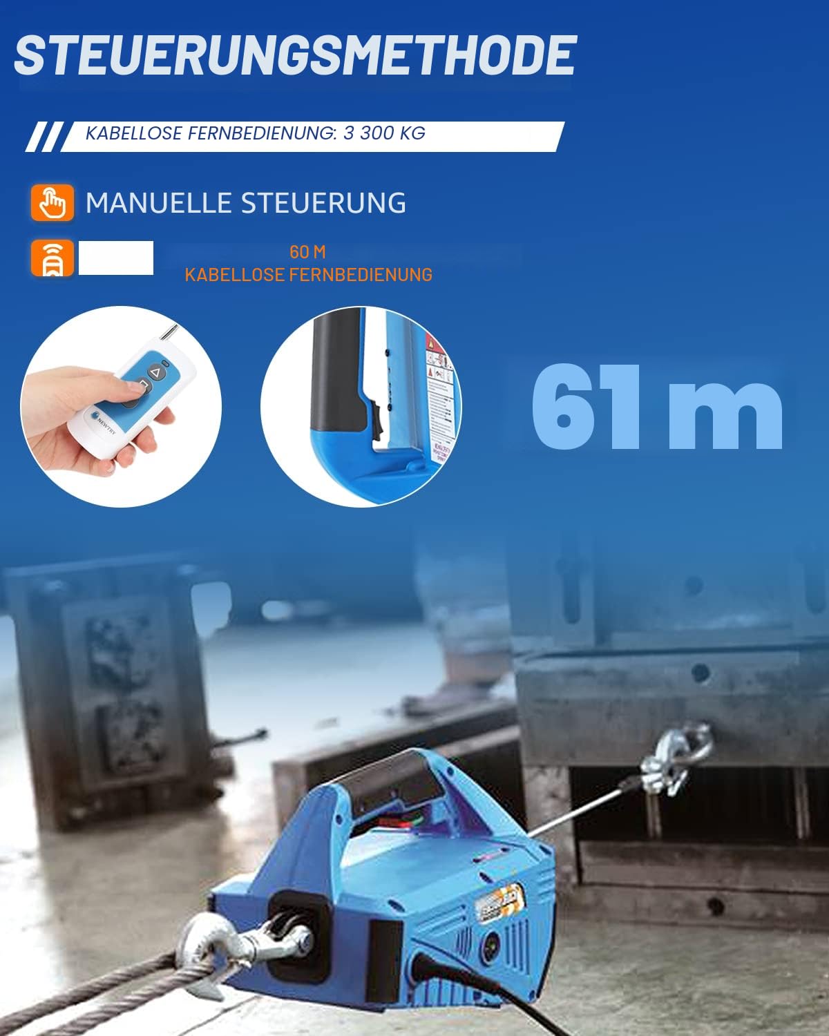 NEWTRY Elektrische Seilwinde 230V mit Kabellose Fernbedienung 300KG Hebezeuge 11,8m Maximale Hubhöhe 1500W Mit Deutscher Anleitung