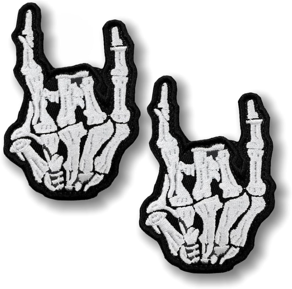 2 PCS Punk Finger Hook Loop Patch, Rock and Roll Music Skeleton Symbol Embroidered Applique Badge Emblem Patches for Pouch Helmets Jackets Jeans Clothes Biker Caps Backpacks Uniform