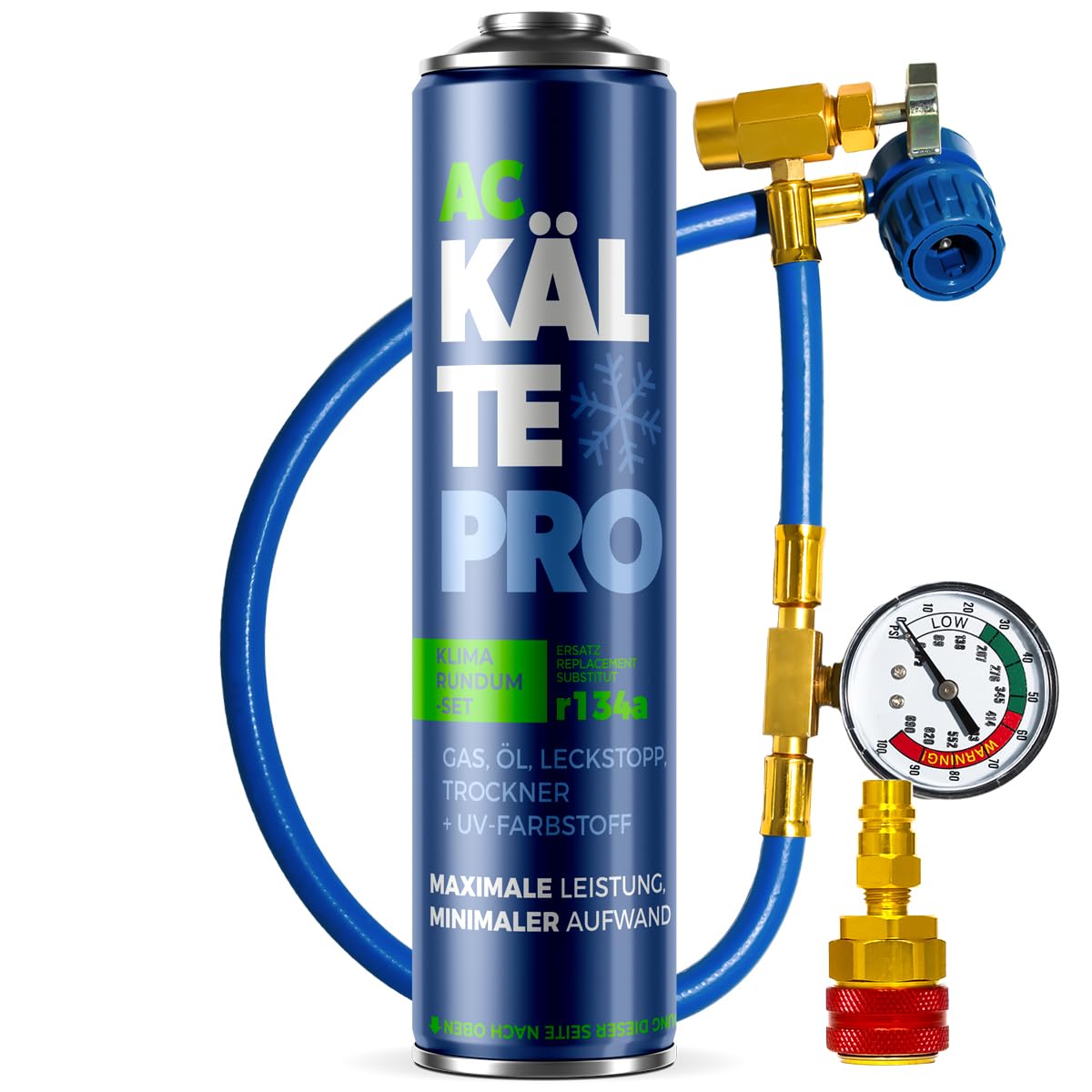 Kältemittelersatz R134a Nachfüllset - Rundum-Set zum Klimaanlage selbst befüllen Entspricht 755g R134a - Dichtmittel, Öl & UV-Farbstoff -Adapter HP/LP