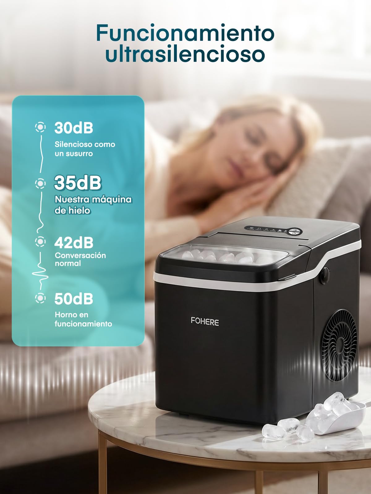 FOHERE Máquina de Hacer Hielo de Encimera, 9 Cubitos en 5 Min, Capacidad 14KG/24H, Máquina de Hielo Autolimpiable con Tapa Completamente Abrible, 2 Tamaños, para Casa, Cocina, Oficina, Camping