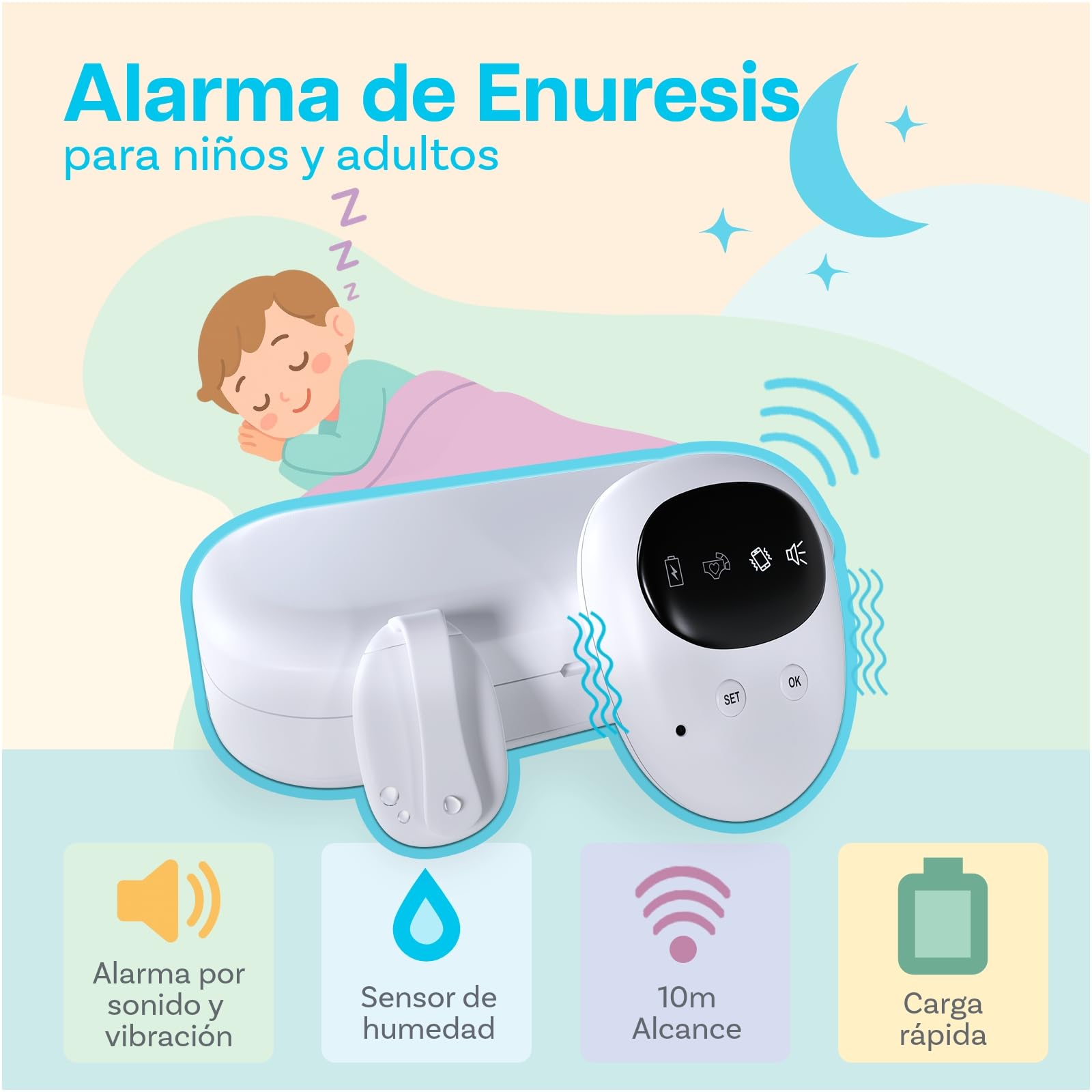 Alarma Enuresis Inalámbrica por MMOBIEL – Alarma Pipi Recargable para Niños y Personas Mayores - Sensor Orina con Sonido y Vibración - Entrenamiento para ir al Baño - Pipi Stop Niños Alarm