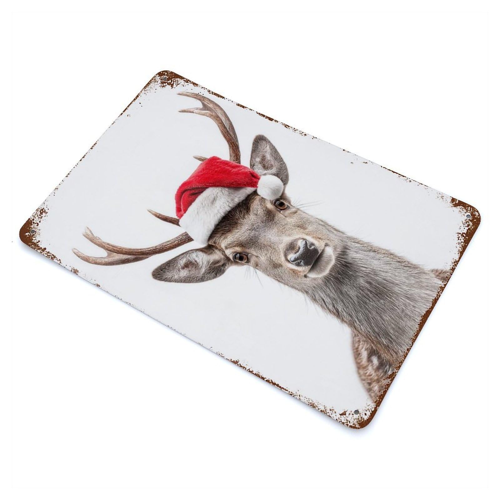 Christmas Deer with Santa Hat Portrait Rusty Metal Tin Sign 11.8"x7.9", for Basement, Hobby Room And Garage Decor, Retro Wall Decor