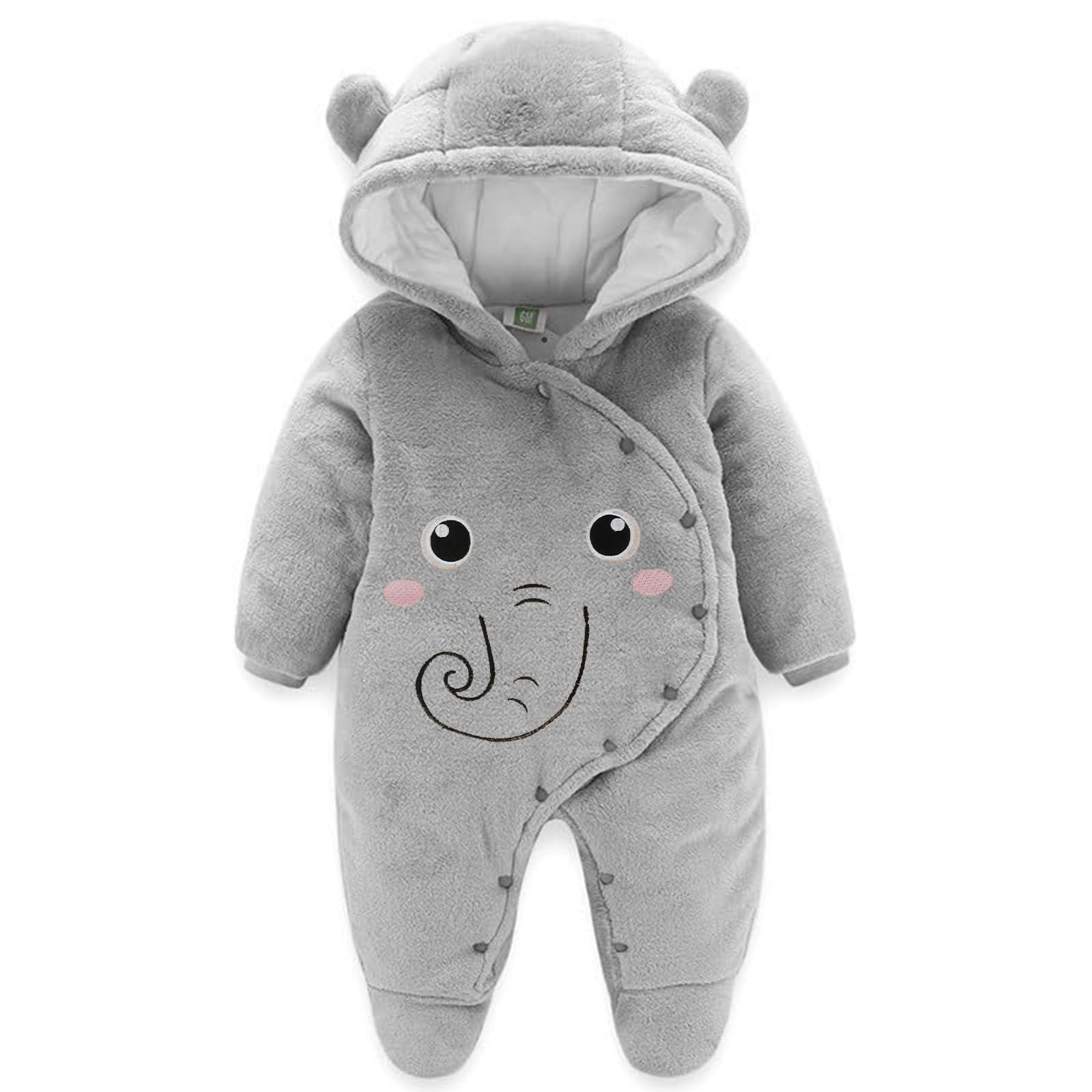 Tuta invernale in pile con cappuccio, per bambini, abbigliamento caldo, da 0 a 3 mesi, motivo elefante grigio