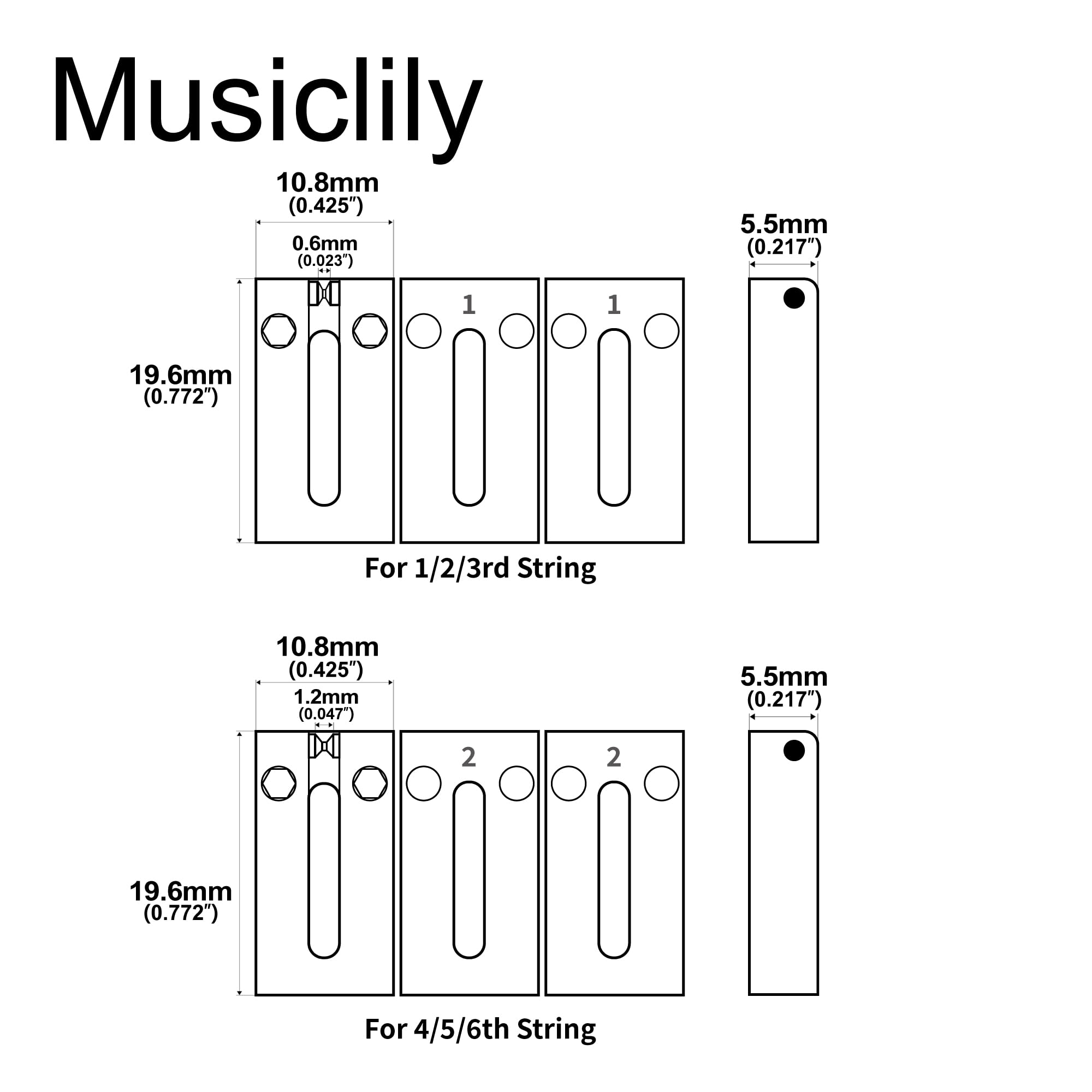 Musiclily Ultra 10.8mm Full Solid Brass Modern Style Roller Saddles for Strat Tele Style Electric Guitar Bridge Black (Set of 6) - Image 2