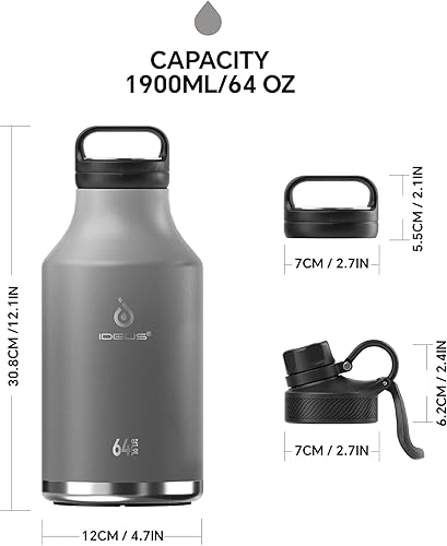 Miniatura 6 de IDEUS Botella de agua aislada de acero inoxidable con 2 tapas a prueba de fugas, termo para senderismo, ciclismo, 64 onzas, azul brillante