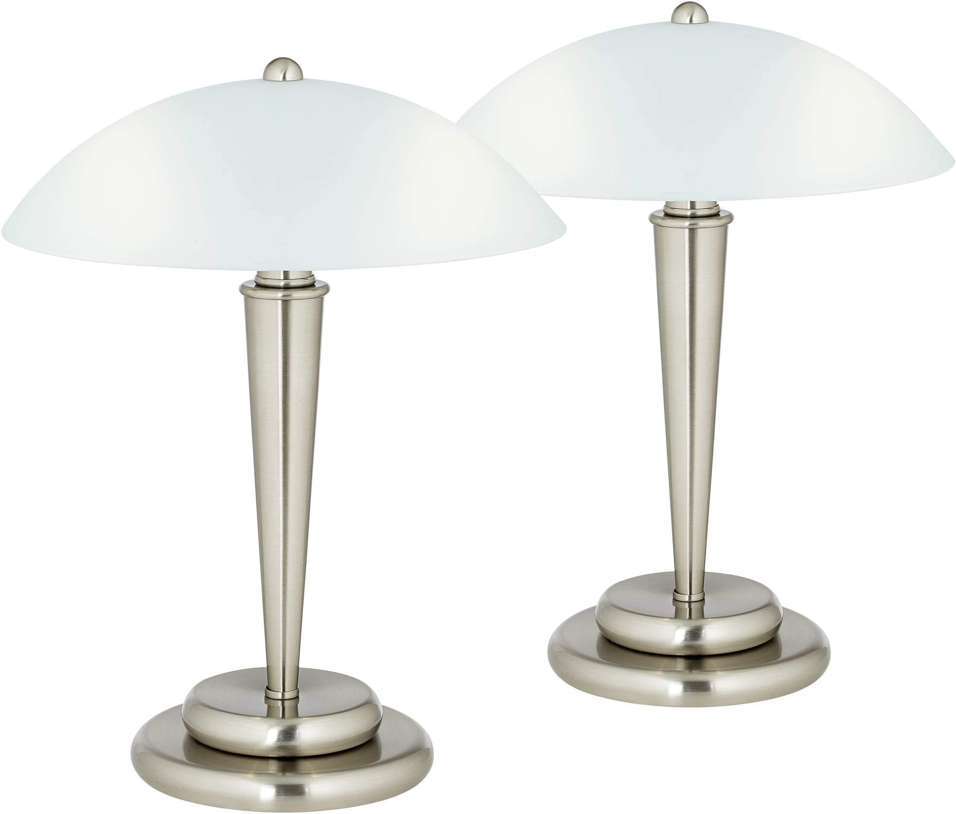 Deco Modern Accent Table Lamps 17" High Set of 2 Brushed Steel Silver Metal Touch On Off White Frosted Glass Dome Shade for Bedroom House Home Bedside Nightstand Office Family