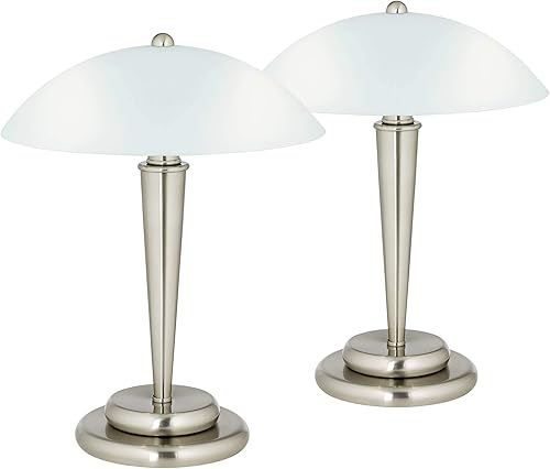 360 Lighting Deco - Juego de 2 lámparas de mesa decorativas modernas de 17 pulgadas de alto, acero cepillado, metal plateado, toque en blanco roto,