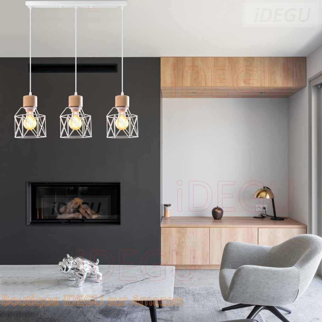 iDEGU 3 Luci Lampadario a Sospensione Vintage E27 Plafoniera Industriale in Legno Metallo Gabbia Lampada da Soffitto Retrò Lampade a Sospensione per Cucina Salotto Cameretta (Bianco, Legno, Barra)