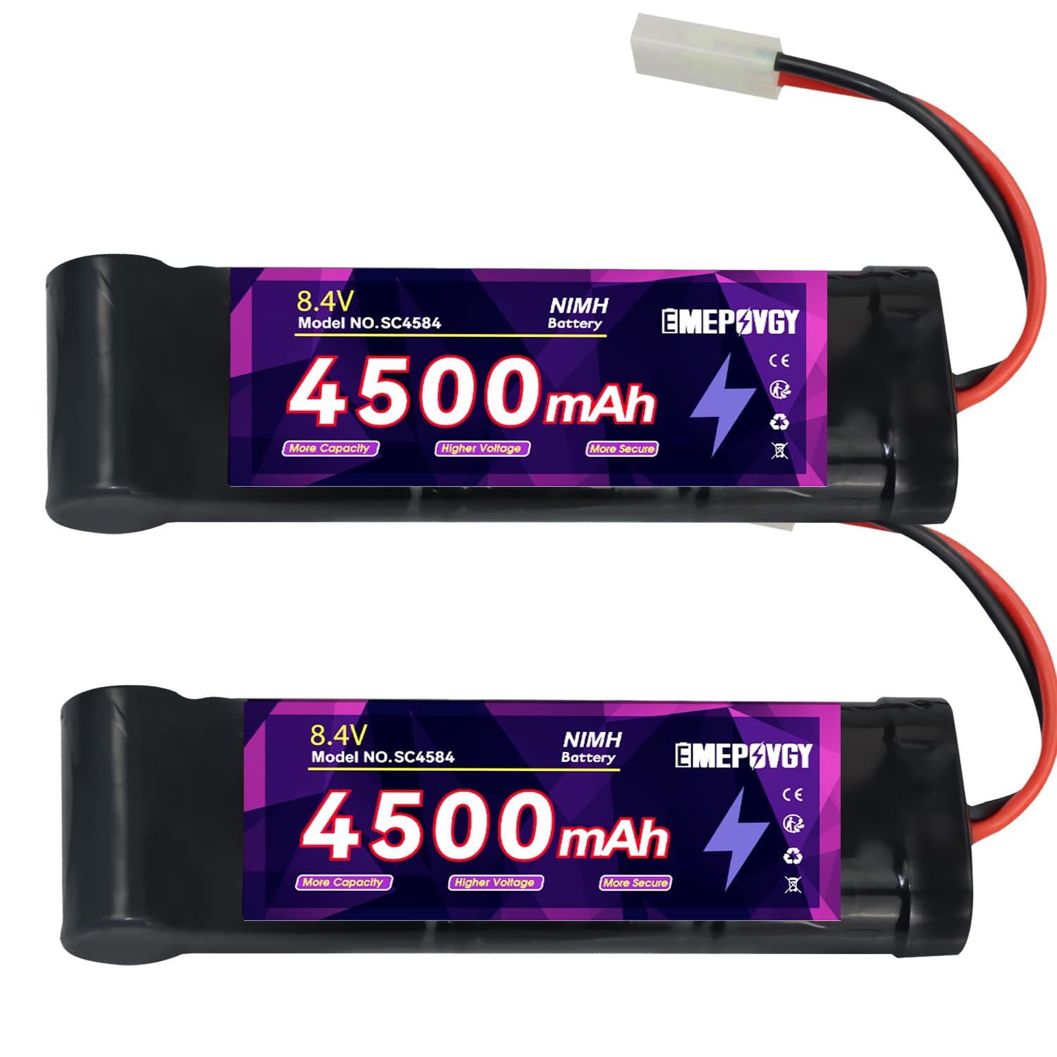 Batería de 8.4 V RC NiMH de 4500 mAh de capacidad, recargable, 7 celdas, batería plana con enchufe TMY (2 paquetes)
