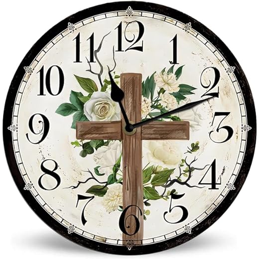 Vintage Cross Flower Wooden Wall Clock 10in Silent Non-Ticking Battery Operated Wall Clock, Church Christians Cross Decor Wall Clock for Bedroom, Kitchen, Home, Living Room, Hotel