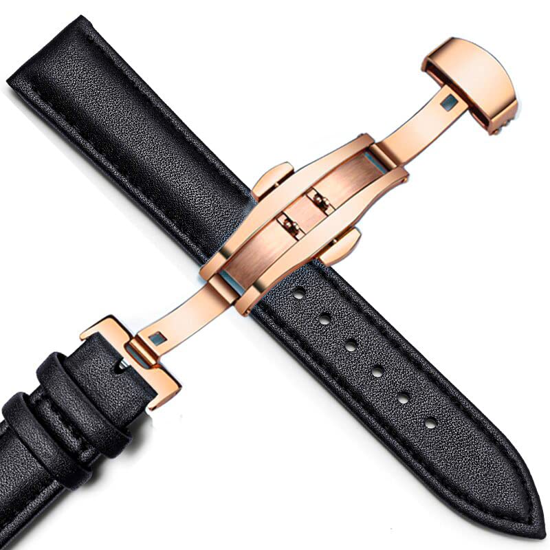 Image of 18mm 19mm 20mm 21mm 22mm 23mm 24mm Genuine Leather Butterfly Deployment Clasp Buckle Watch Band Strap Black Dark Brown TAN Blue Rose Black Gold White
