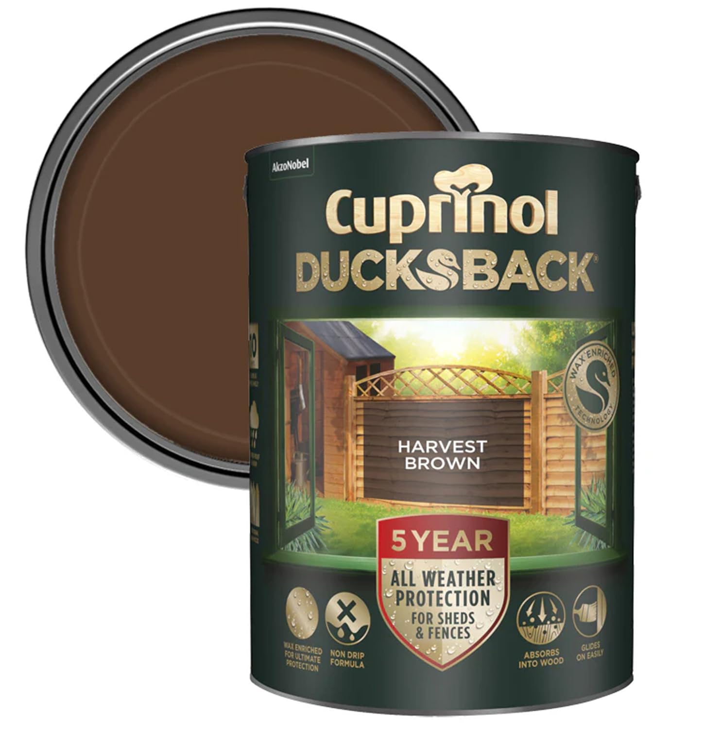 Cuprinol Ducksback Shed & Fence Paint Harvest Brown 5L – Cuprinol Fence Paint, 5-Year Weatherproof, Wax-Enriched Non-Drip Formula, Quick-Dry, Water-Repellent Exterior Wood Treatment