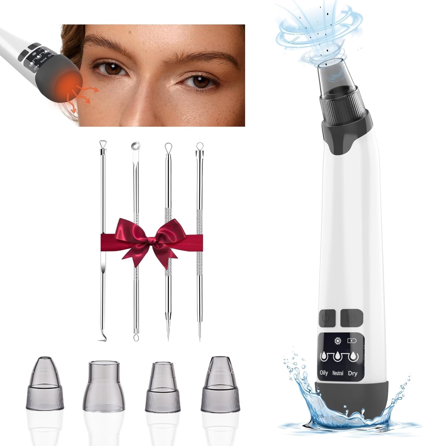 Blackhead Removal Vacuum Cleaner - USB Rechargeable LED Display Pore Cleaner Tool, Blackhead Removal Tool, Pore Cleaner for Men and Women, 3 Adjustment Modes, 4 Suction & Probes（White）
