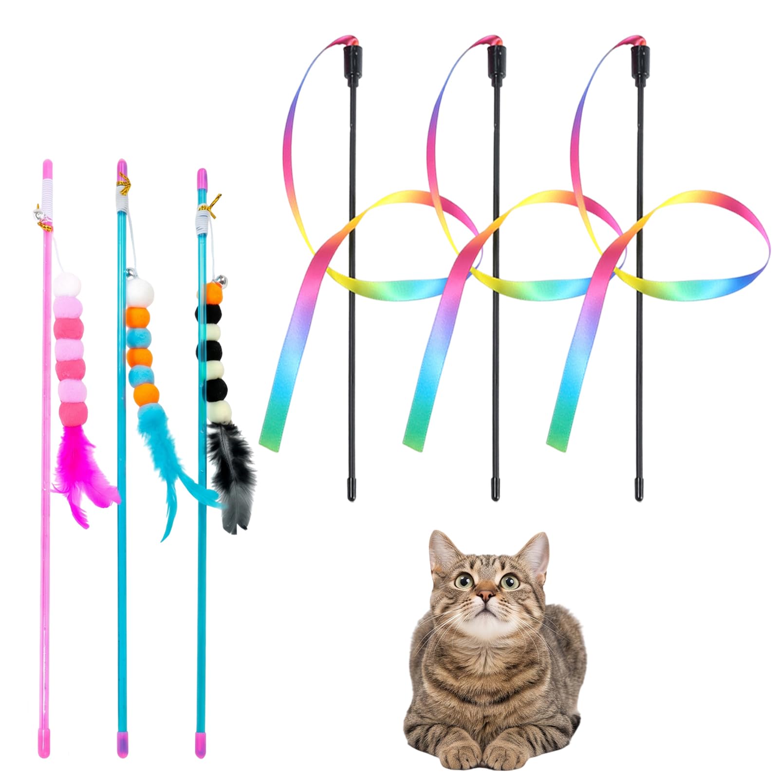 Mnuwoee 6Pcs Cat Wand Toys with Feathers & Bell – Cat Feather Toy