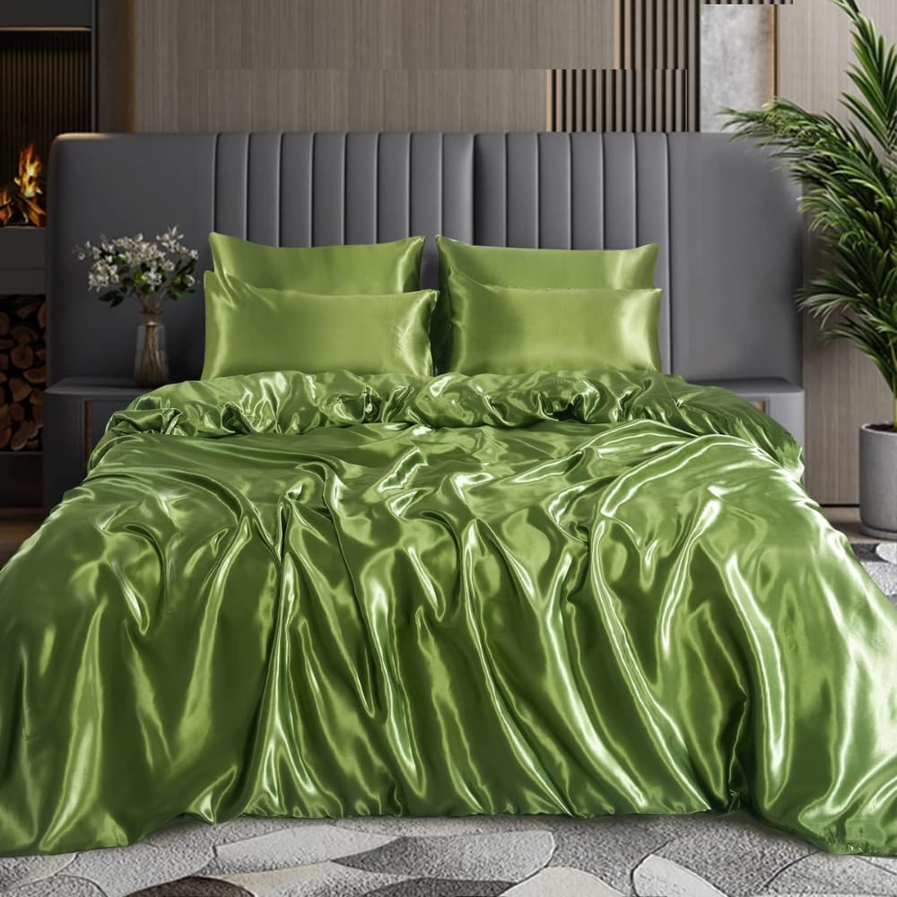 XXR SATIN SILK COMPLETE BEDDING SET DUVET COVER FITTED SHEET 4 PILLOW CASES 6 Pcs (Olive Grean, Super King)