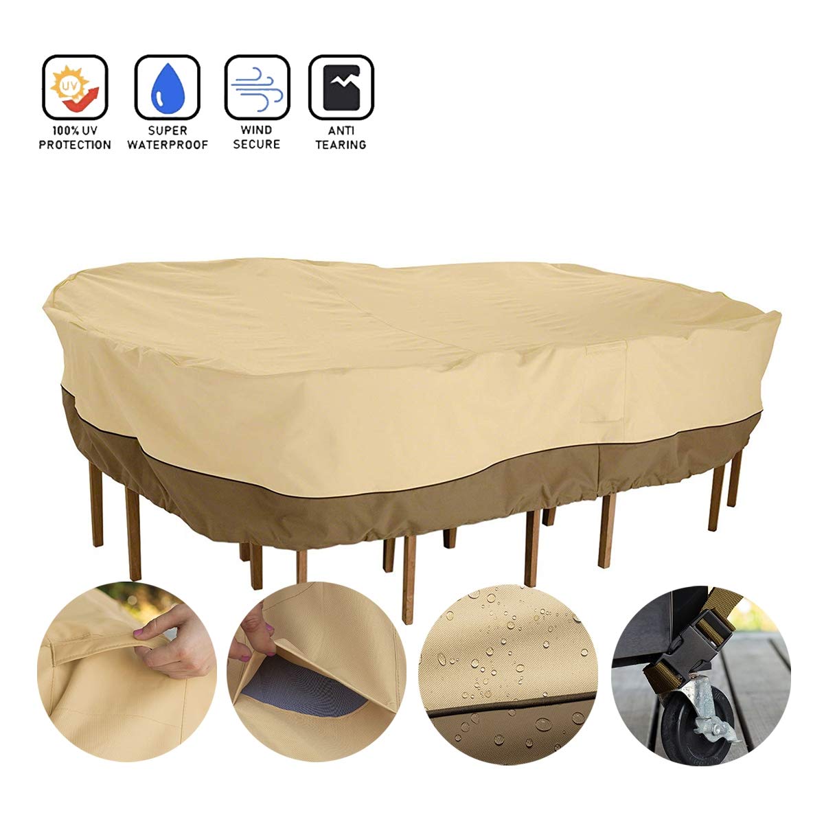 SUNDUXY Patio Table Covers, Square/Round Patio Heavy Duty Table Cover 600D Oxford Canvas Waterproof UV-Resistant Dust-Proof Outdoor Dining Table Chair Set Cover,110x84x24in