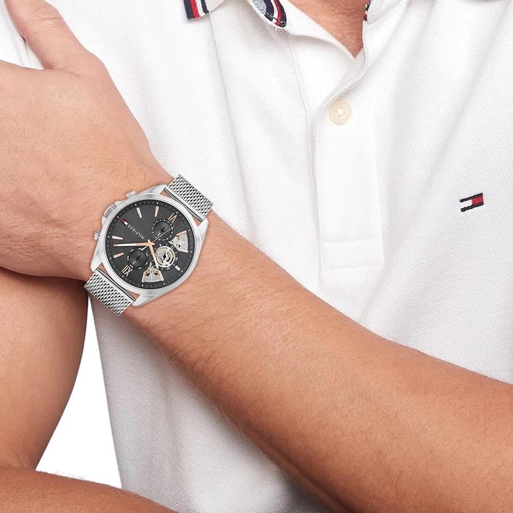 Tommy Hilfiger Reloj Analógico de Cuarzo multifunción para Hombre con Correa de Malla de Acero Inoxidable y de Piel