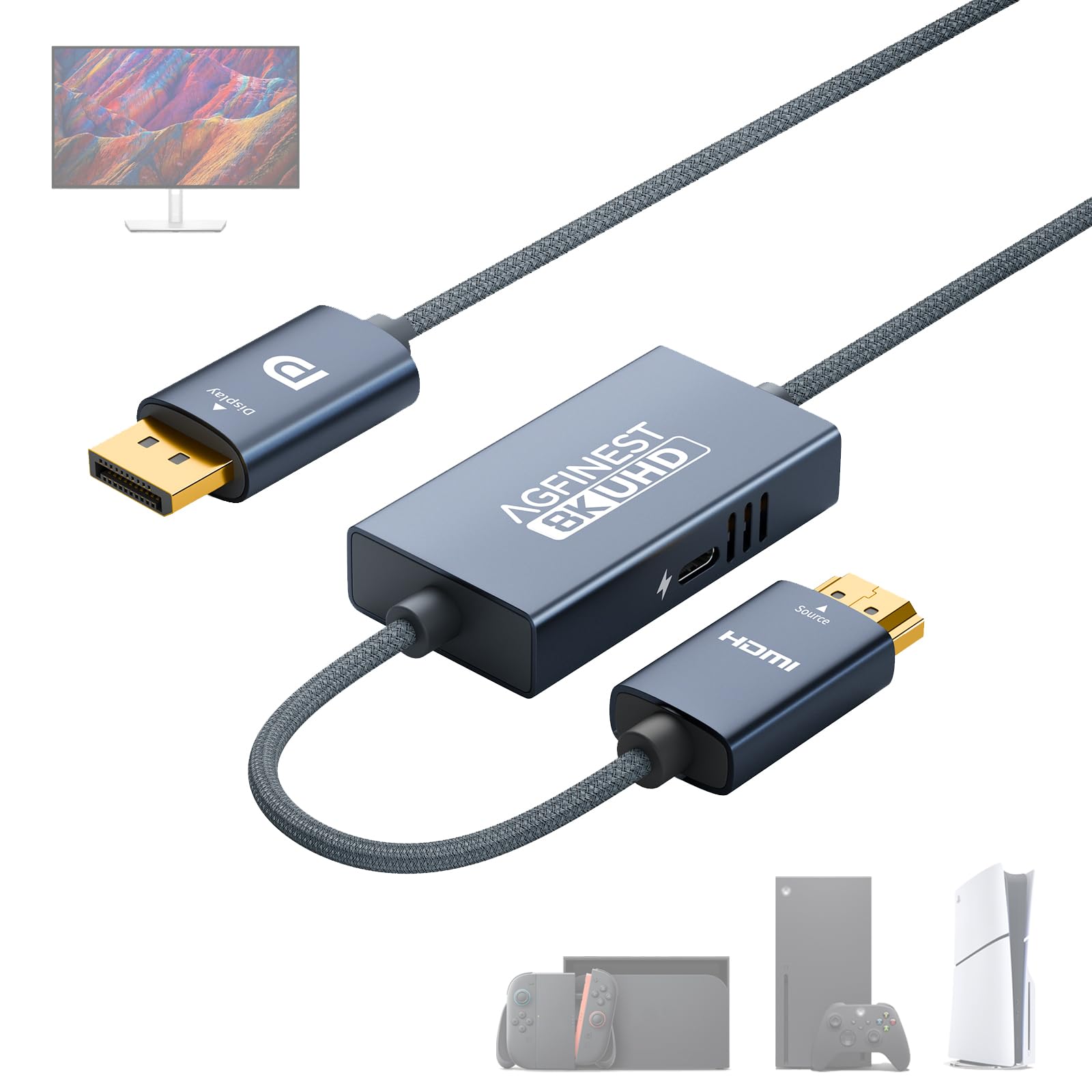 Câble Actif HDMI vers DisplayPort 1M, 8K@60Hz 4K@120Hz 2K@240Hz, Unidirectionnel de Source HDMI 2.1 à Moniteur DP 1.4, HDR VRR 10 Bits pour PS5 Xbox Switch Dock PC Portable (Câble d’Alim. Inclus)