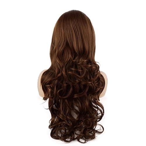 Miniatura 4 de Peluca de cabello ondulado largo de 26 pulgadas, mezcla de castaño castaño, rubio, mitad atada a mano, resistente al calor, pelucas sintéticas con