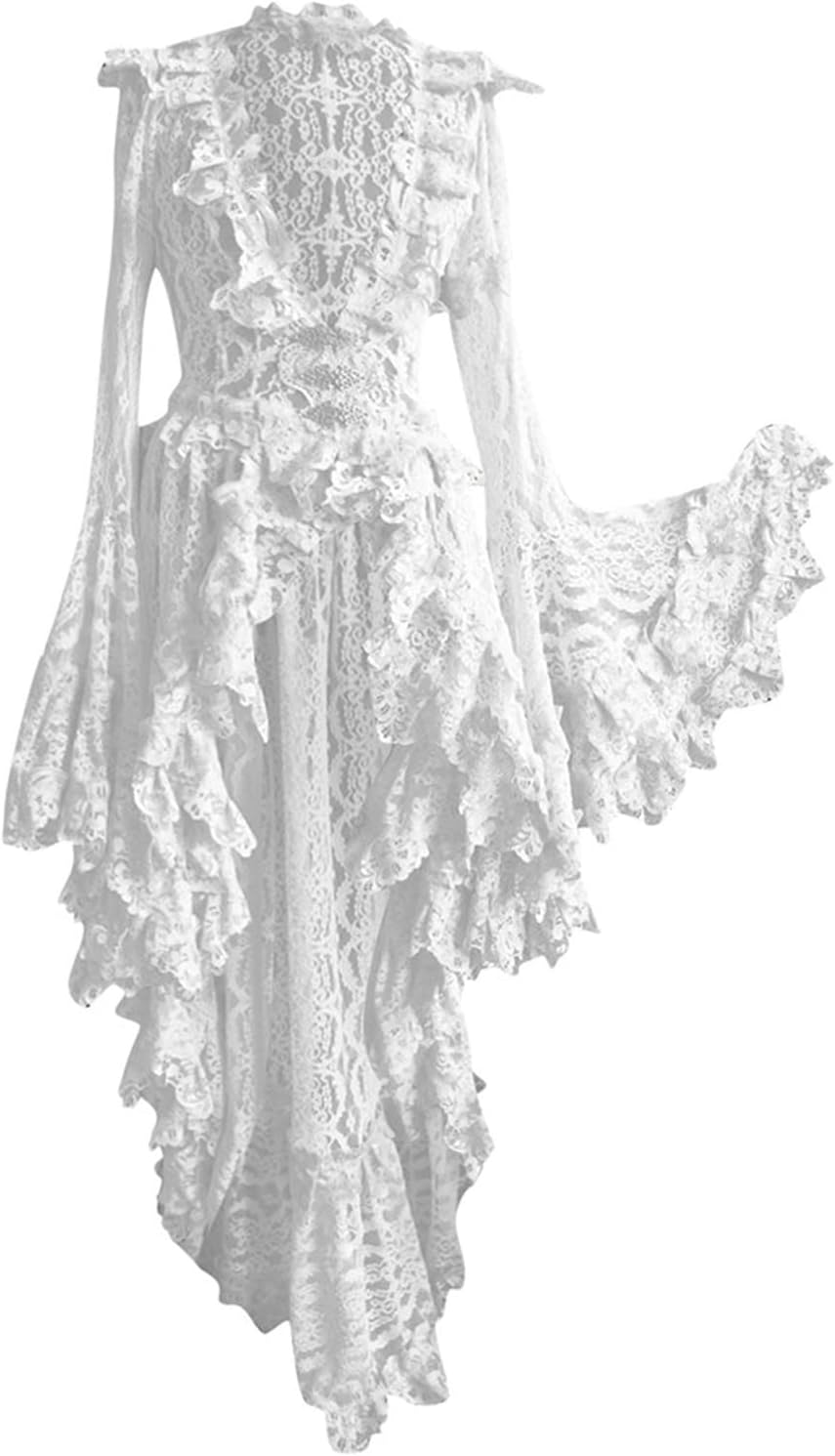 Younthone Women's Court Maxi Dress Mid-Century Vintage Gothic Dress Solid V-Neck Lace Patchwork Midi Dress Punk Steam Dress