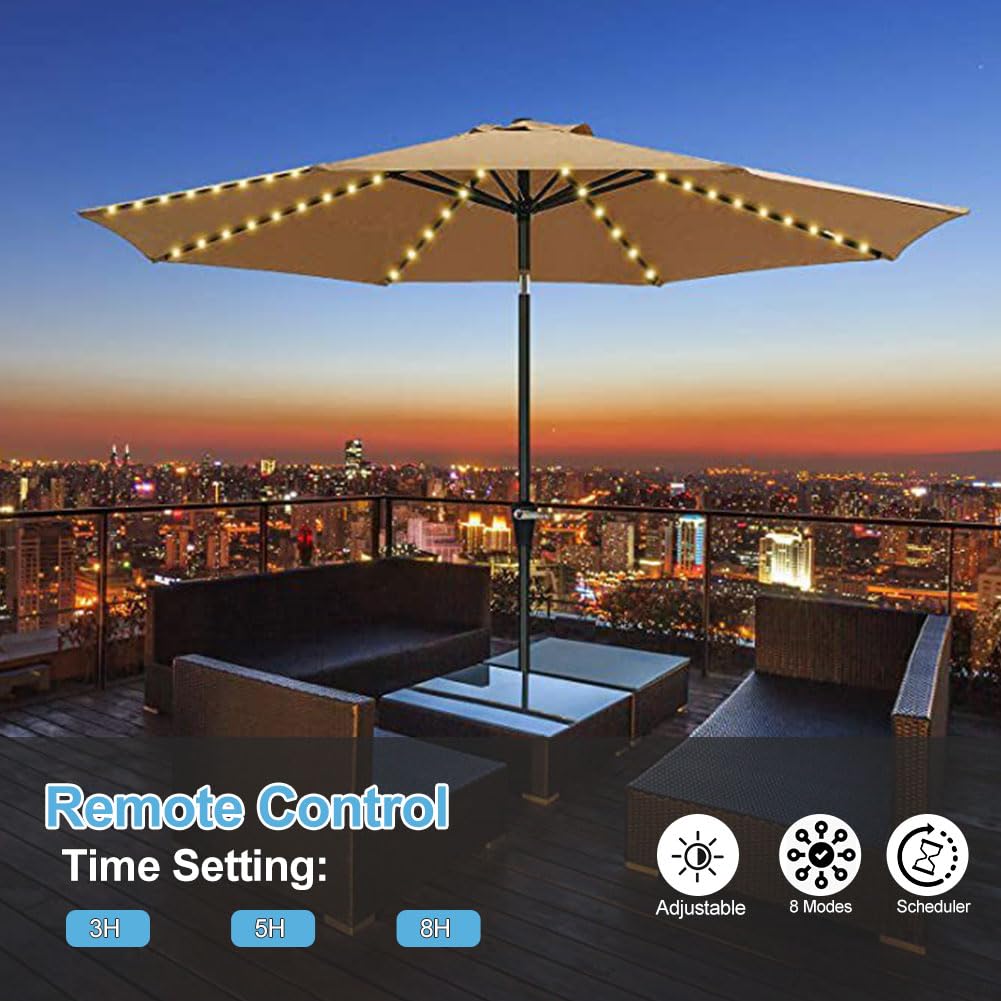 Lumières Solaires de Parapluie, 104 LED Lampe Parasol de Patio, Étanche IP65 Éclairage de Parasol, 8 Modes Lumières avec Télécommande, Éclairage Décoratif pour Parasols et Tentes de Camping