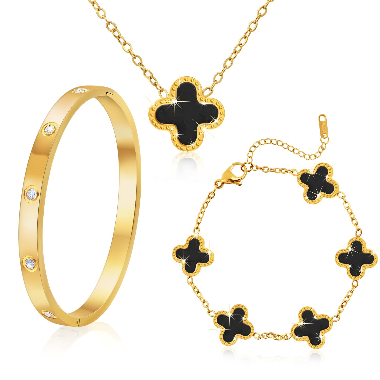18K Vergoldet Vierblättriges Kleeblatt Armband, 18K Vergoldet Vierblättriges Kleeblatt Anhänger Halskette, Gold Armband Cubic Zirkonia Armreif, 3 PCS Schmuck Set für Geschenke Geburtstags (Schwarz)