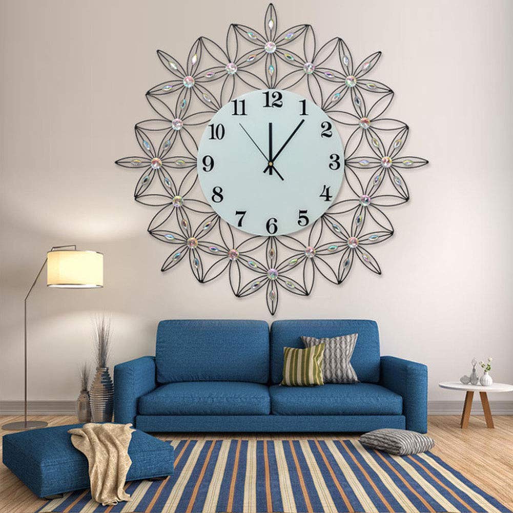 Reloj de Pared, Reloj de Pared Redondo Metal, Cuarzo, Diamantes, diseño Flores, Varios tamaños(A)