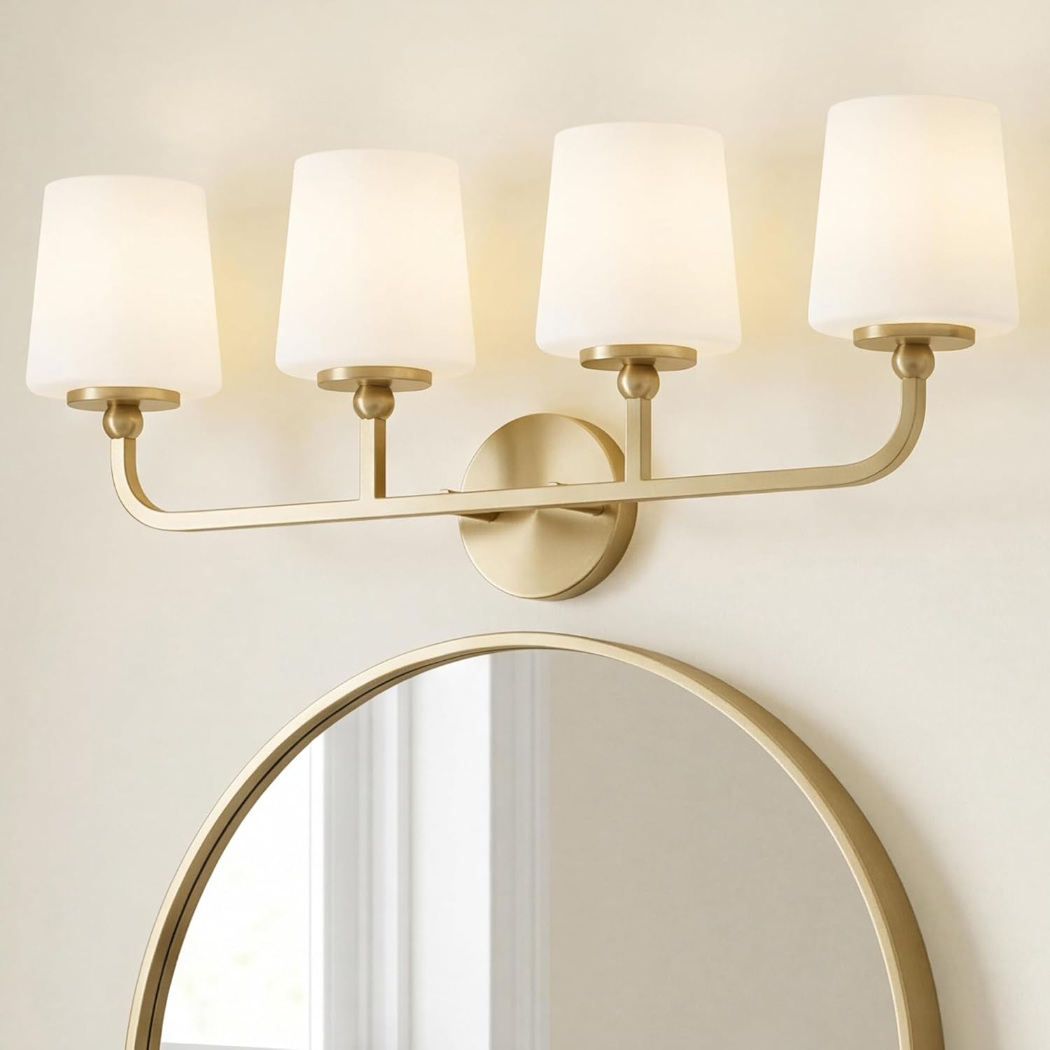 4-Light Bathroom Light Fixtures, 27" Brushed Gold Vanity Lights for Bathroom with Milk White Glass Shades, Vanity Lighting Fixture Over Mirror, Up or Down Mounting, VL289-BG-4