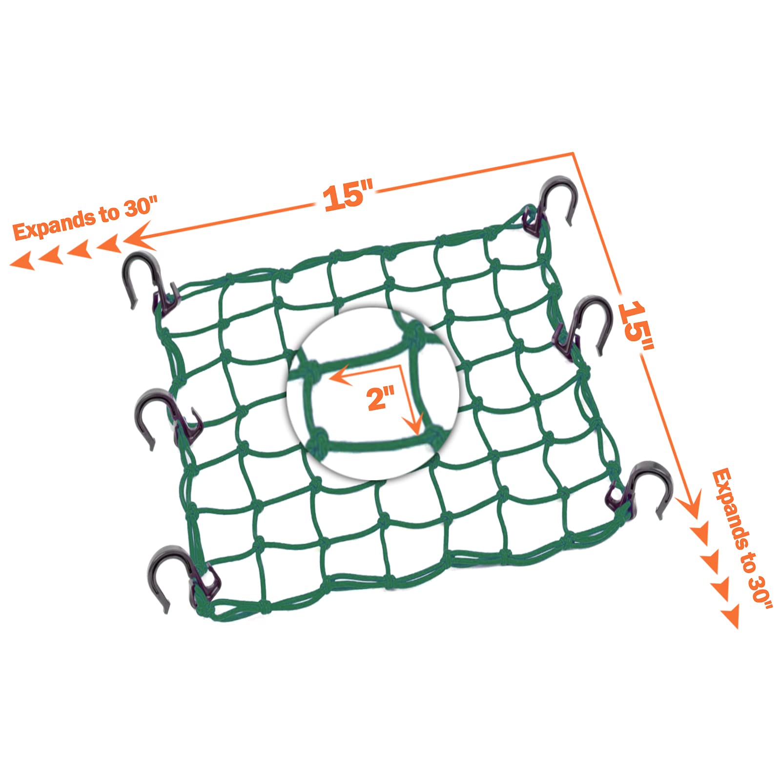 Petit filet cargo de 38,1 x 38,1 cm extensible jusqu'à 76,2 x 76,2 cm avec crochets épais | Noyau en latex naturel, maille serrée de 5,1 x 5,1 cm pour casque de moto, vélo, VTT, UTV, bagages