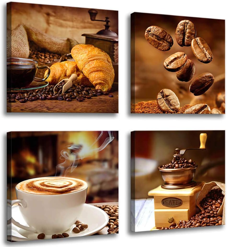 Kitchen Canvas Art Coffee Bean Coffee Cup Canvas Prints Coffee Wall Decor-4 Panels Framed Ready to Hang Coffee Image-Table Dining Room Canvas Wall Art Contemporary Pictures for Dining Home Decoration