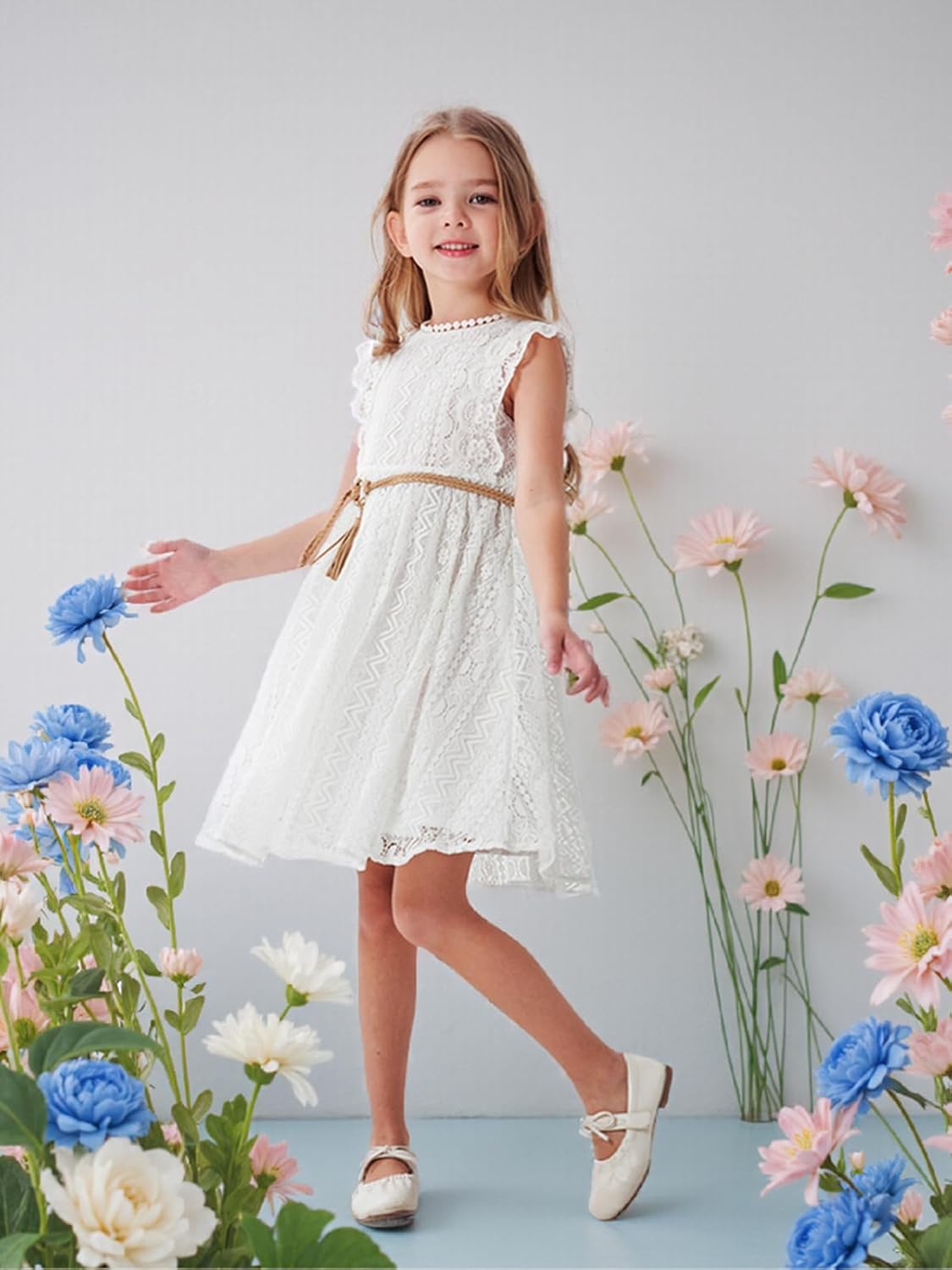 ALLOVIN Toddler and Girls Vintage Boho A-Line Lace Dress with Belt Pom Pom Trim Birthday Party Dress 3-11 Years - Image 5