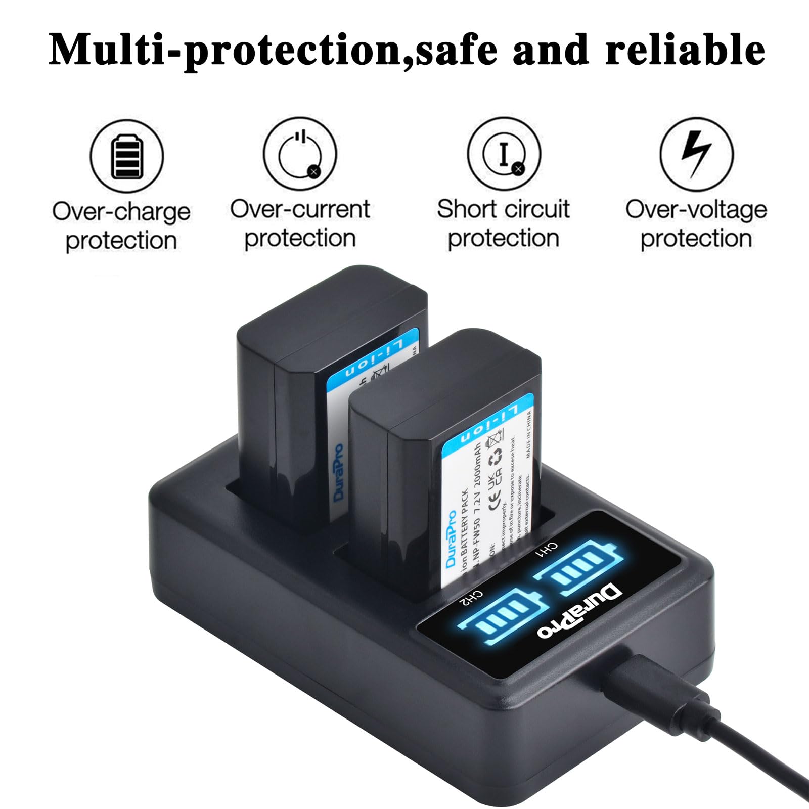 DuraPro 2X NP-FW50 Akku + LED USB Dual Ladegerät für Sony Alpha7 7ii 6500 6400 6300 6000 5100 SLT A55V A33 A35 A37 NEX-7 NEX-6 NEX-F3 NEX-3 NEX-5 NEX-5N NEX-5T Kamera