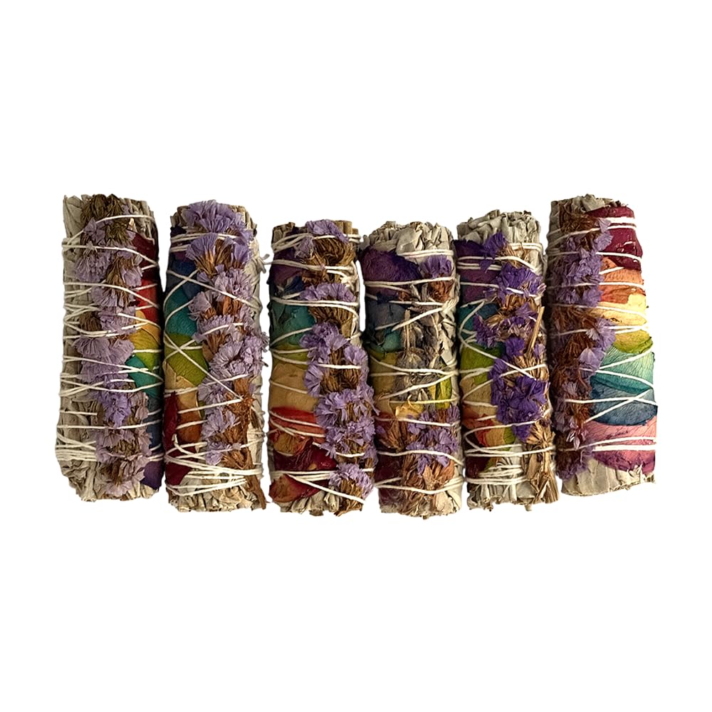 Smudge Stick, White Sage, 7 Chakra Petals and Purple Sinuata 4", Pack of 6
