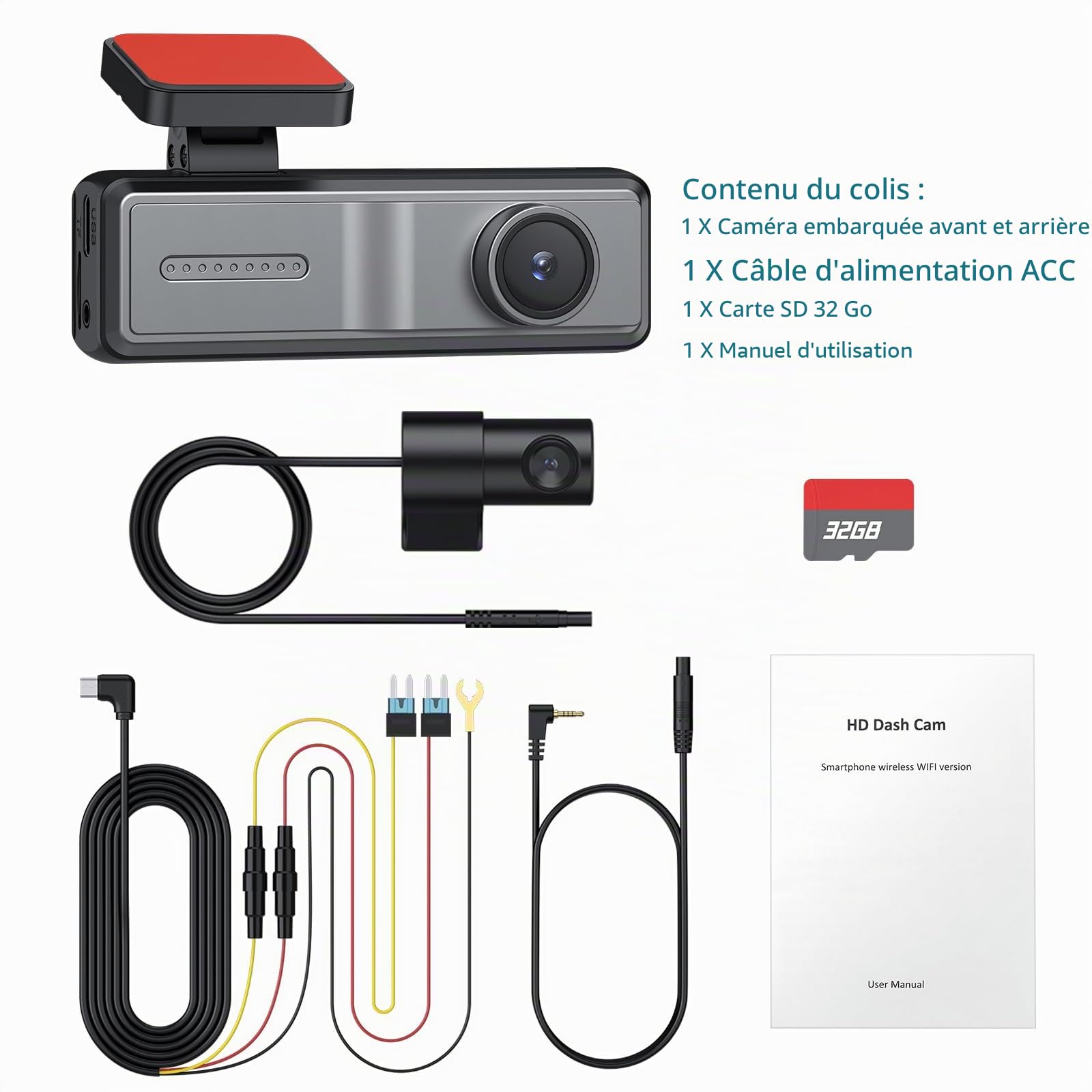 Dashcam Voiture Avant Arrière 2K avec WiFi & App, Caméra Embarquée Voiture Grand Angle 160°, Vision Nocturne F1.8, G-Sensor, Enregistrement en Boucle, Mode Parking 24H, Carte SD 32 Go Incluse