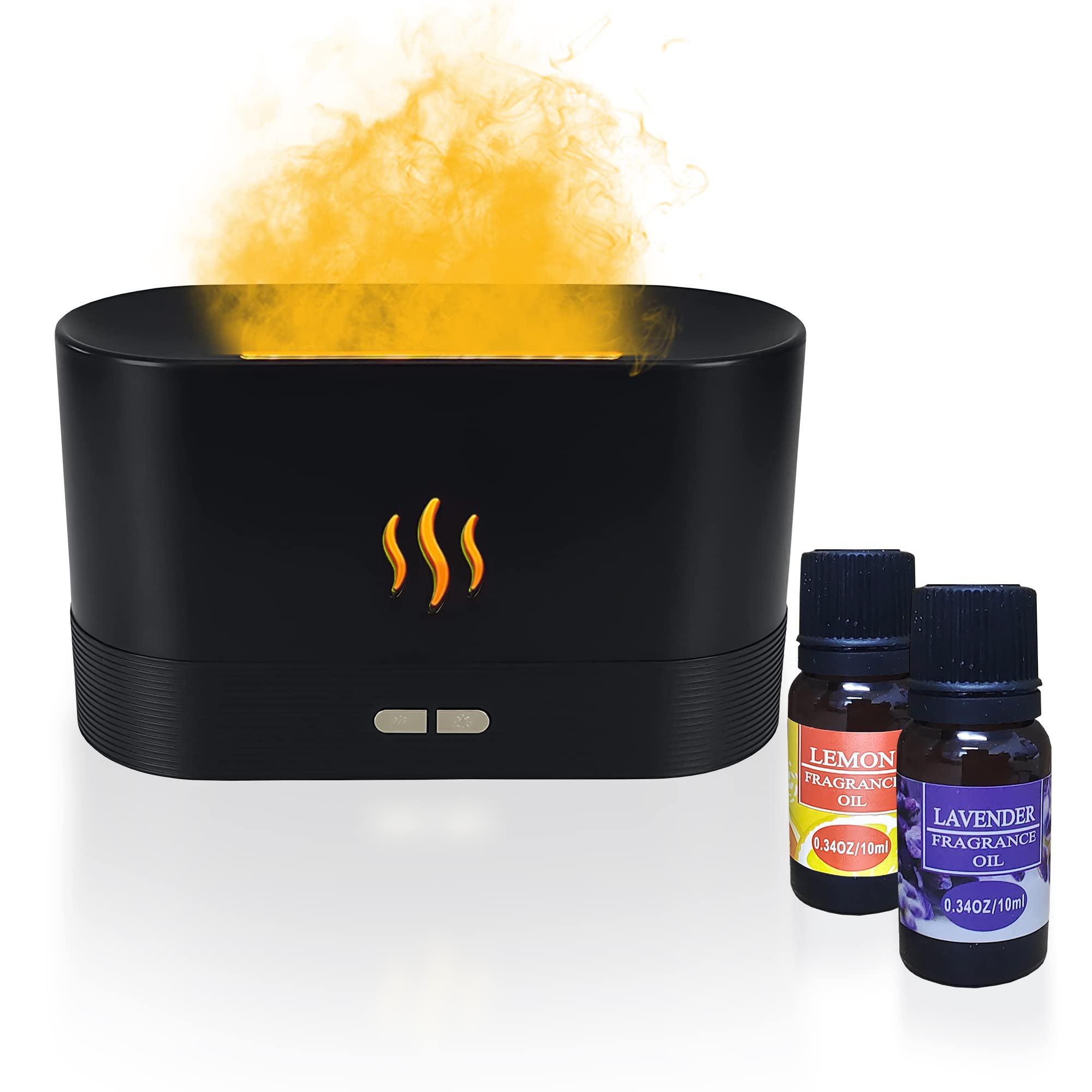 LAMBA - Aromatherapy Diffuser - Ultra-Silent Cool Mist Air Humidifier Essential Oils Diffuser - 7 Colours LED Night Light & Auto Turn-Off Electric Aroma Diffuser with Realistic Flames Effect - (Black)