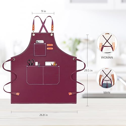 Miniatura 2 de Delantal de chef para hombres y mujeres, delantales de lona con 3 bolsillos traseros cruzados, delantal de trabajo resistente para cocinar