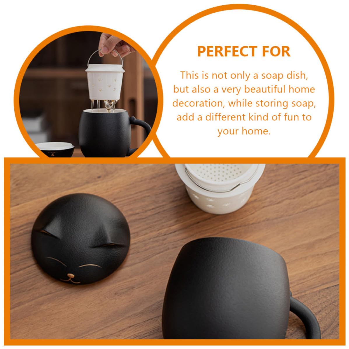 MAGICLULU Mug en Céramique 400ml avec Couvercle et Filtre, Tasse à Boire Noire Décor Chat, Maison ou Cafés