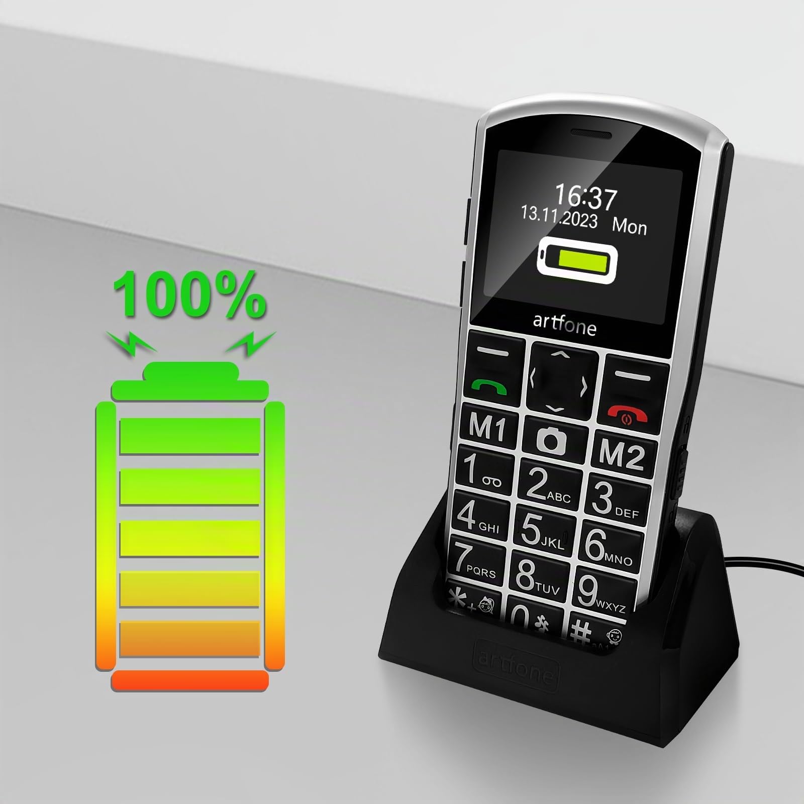 artfone A400 Pro 4G Telefono Cellulare per Anziani con Tasti Grandi丨Funzione SOS丨Chiamata Rapida丨Volume Alto丨Base di Ricarica丨Funzione di orario丨Doppia SIM丨Fotocamera丨Batteria da 1800 mAh - Argento