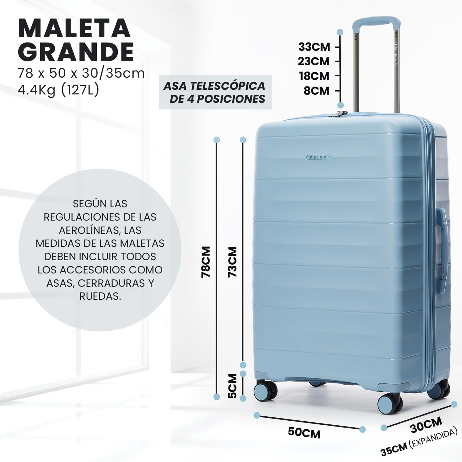 Urban Wave Maleta de Viaje Grande (23Kg) Expandible (78x50x30/35cm), Fabricada en Polipropileno, 4 Ruedas Dobles y Cerradura Combinación TSA. (Grande XL), (127L), (4.4kg), (Azul Claro).