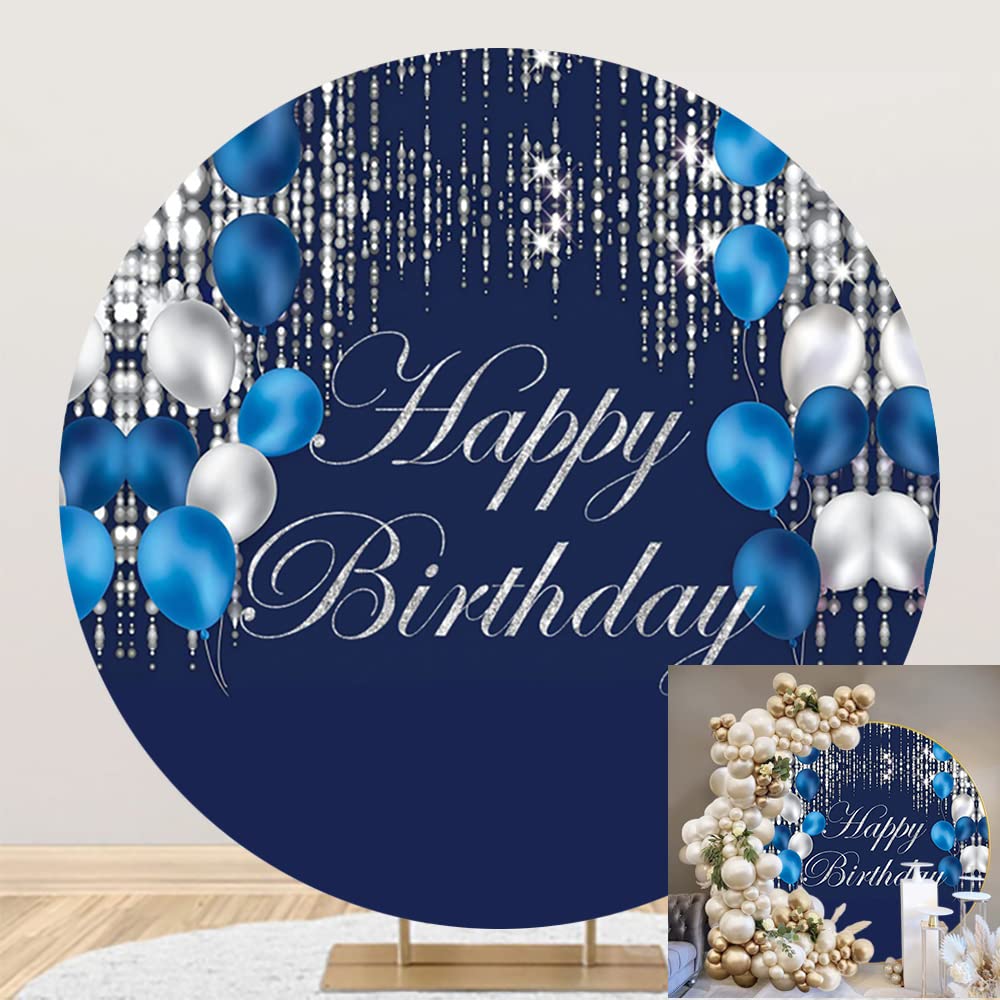 Yeele 7.5x7.5ft Happy Birthday Round Backdrop Cover Navy Blue and Silver Glitter Balloons Photography Background for Adults Men Birthday Party