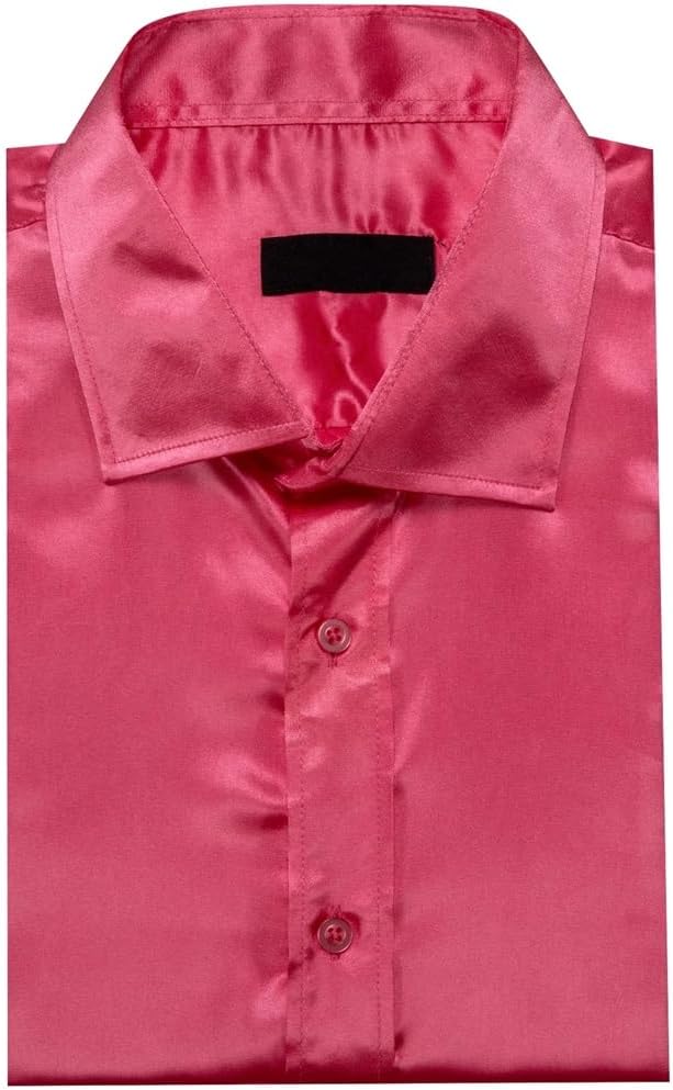 Mens Shirts Silk Mercerized Solid Satin Rose Red Long Sleeve Casual Business Slim Fit Male Blouses Tops