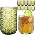Green Drinking Glasses Set of 12, 12 Oz Highball & 10 Oz Cocktail Glasses, Green Kitchen Vintage Glassware Set, Floral Embossed Glass Tumbler Cups for Water, Beer, Juice, Whiskey, Coffee