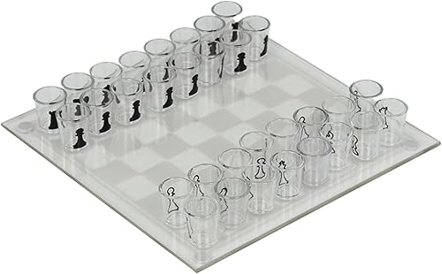 Juego de ajedrez de vidrio transparente de 10 x 10 pulgadas, tablero de ajedrez de vidrio con 32 piezas de tazas, juego divertido para adultos