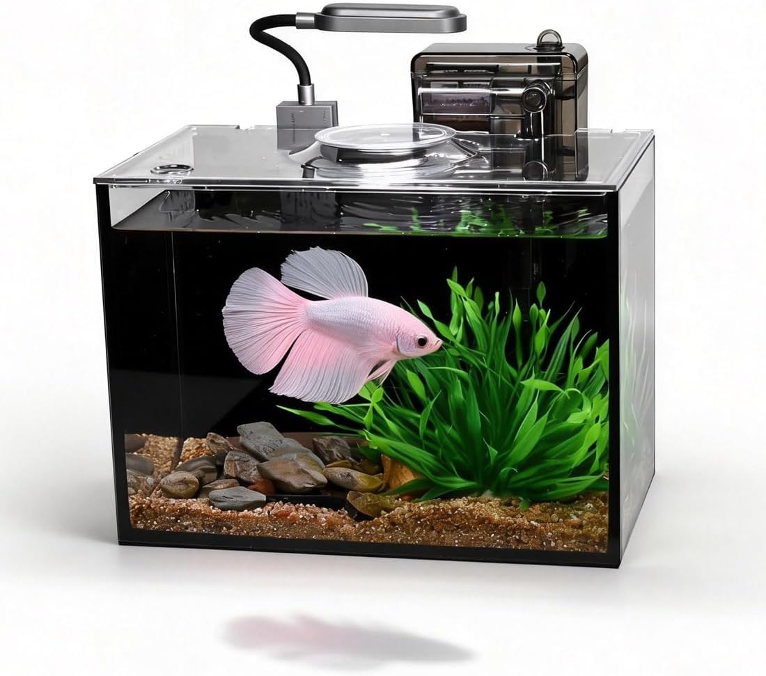 Betta Fish Tank,Aquarium Starter kit,2.8 Gallon Fish Tank Kit,Small Aquarium,Small Fish Tank,Ultra-Clear Nano Aquarium with Light,Filter,Cobblestone,Sand and Artificial Plants