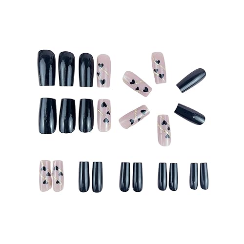 Miniatura 2 de Uñas postizas medianas a presión para el día de San Valentín, uñas postizas cuadradas con diseños de corazón, uñas postizas negras y rosadas,