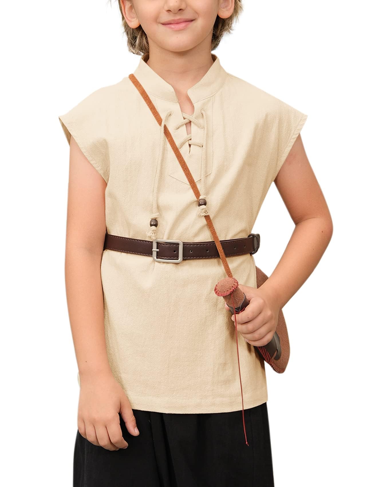 Haloumoning Boys Renaissance Pirate Sleeveless T Shirts Kids Viking Medieval Lace-up Shirt Scottish Costume Tank Tops,Khaki,4-6 Years — image 1