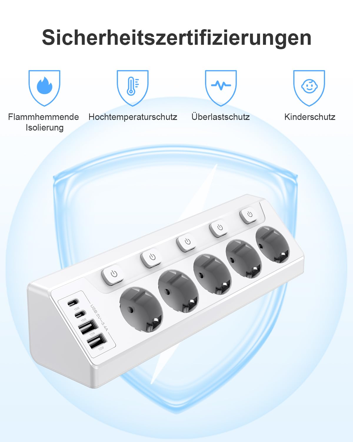Regleta de esquina con interruptor independiente, regleta con 4 USB (2 USB C)+5 enchufes con seguridad para niños, 3680 W, cable de extensión de 2 m para cocina, oficina, hogar (color blanco)