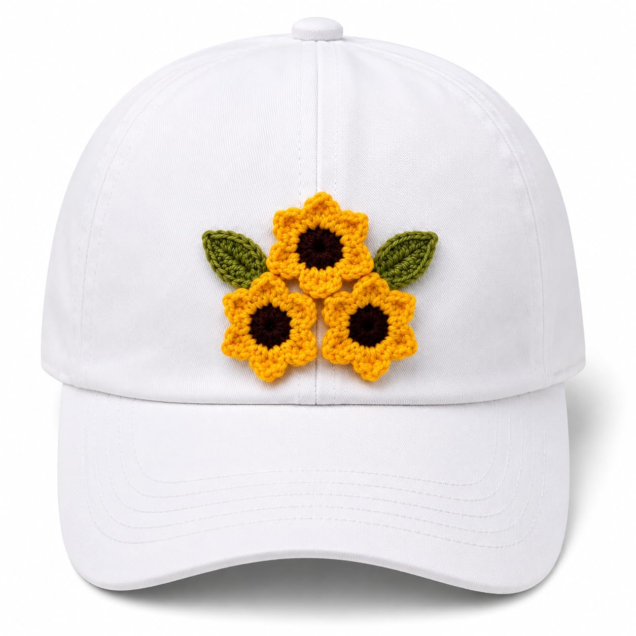 MeDhaga Sunflower Cap, White Baseball Cap with Handmade Crochet Sunflower Applique, Floral Dad Hat for Women-image-46